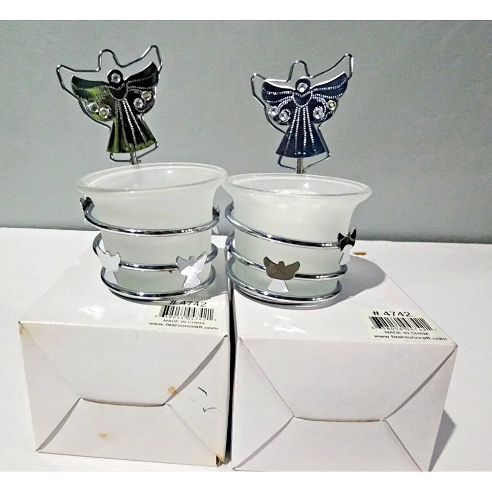 NEW Set of 2 Angel Card Holder Candle Stand with One‎ Candle